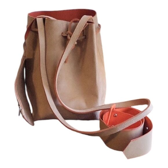 Laila GEIR NESS Suede Beige Orange Bucket Shoulder Bag With Coin Purse + Belt - Picture 3 of 13
